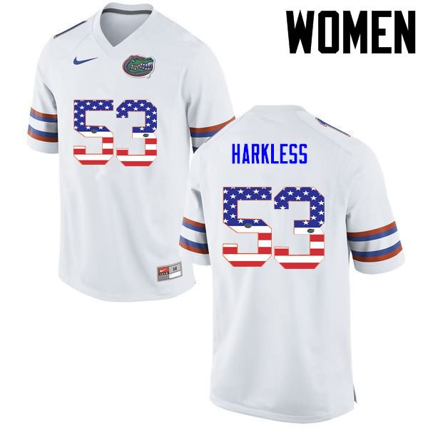 Women's NCAA Florida Gators Kavaris Harkless #53 Stitched Authentic USA Flag Fashion Nike White College Football Jersey UHD6565WV